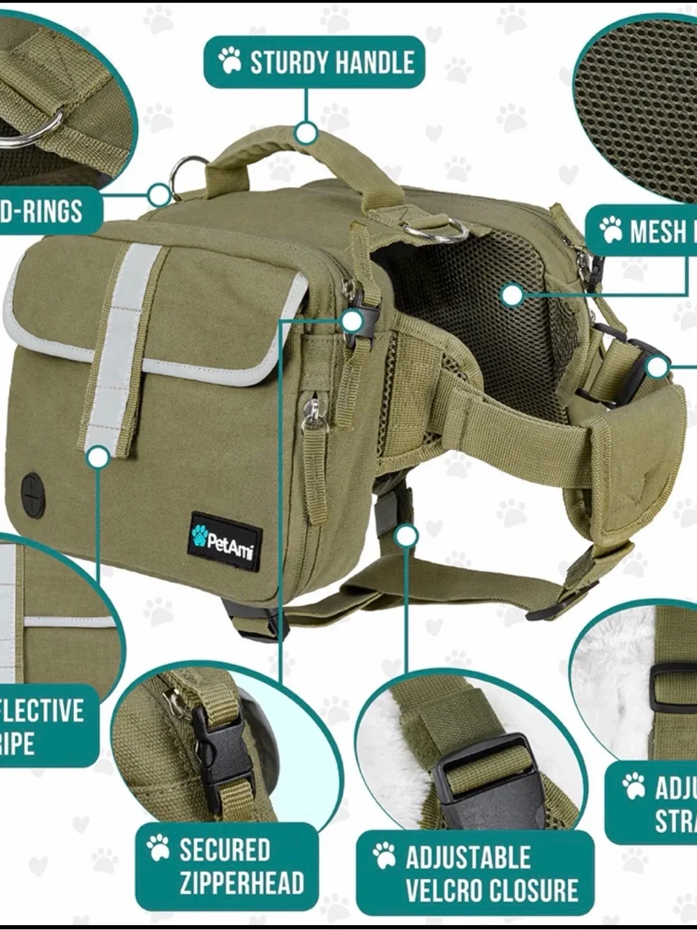 Pet Ami Deluxe harness saddle bag backpack for pets MedLarge